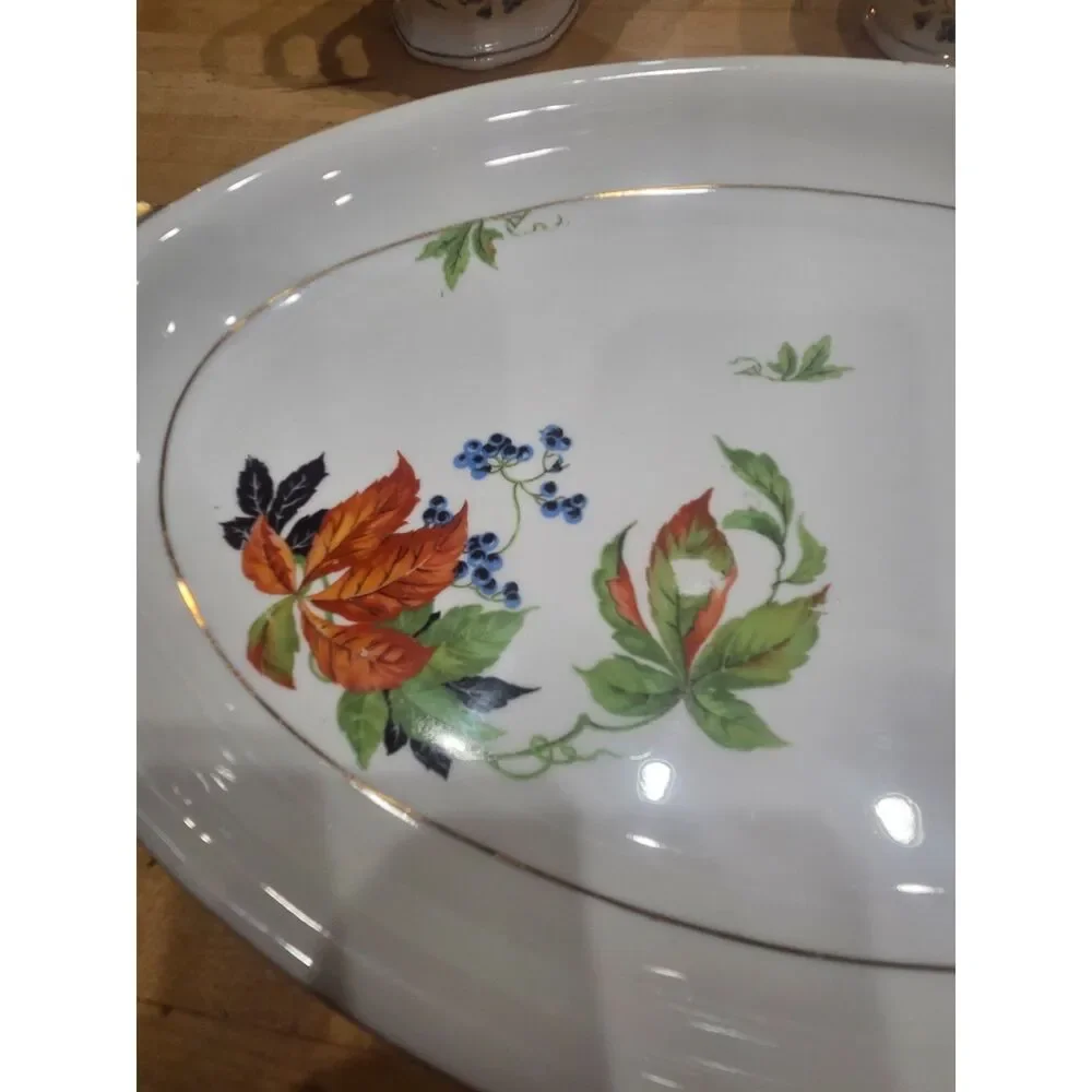 Antique Porcelain Creamer Sugar Bowl Platter Set 3 AMC Germany Autumn Leaf Gold